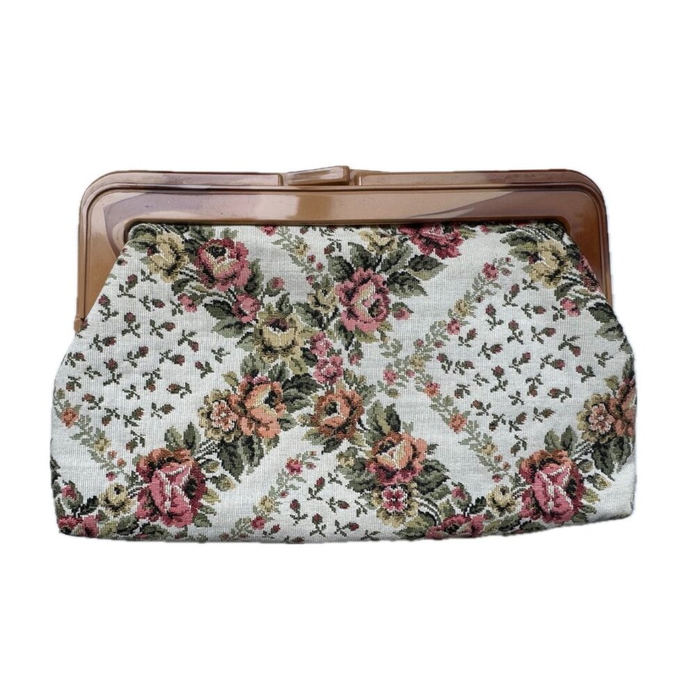 Clutch Purse Rose Floral Tapestry Tortoiseshell Lucite Frame Kiss Lock Closure
